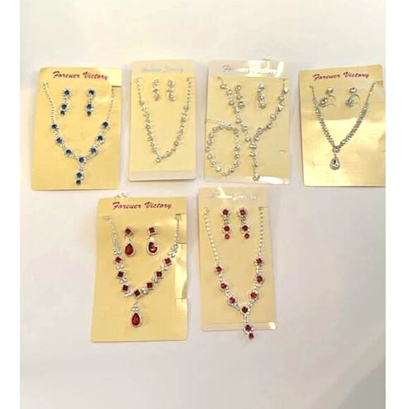 NWT Rhinestone Formal Fashion Jewelry CZ Clear, Blue, Red Necklace, Earrings. - Picture 1 of 7